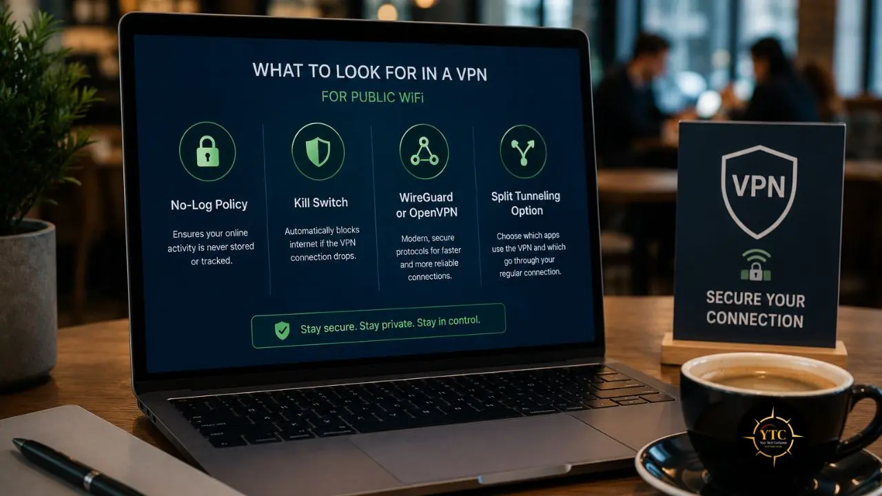 Laptop displaying "What to Look For in a VPN for Public WiFi" with information on privacy features, next to a cup of coffee and a "Secure Your Connection" sign.