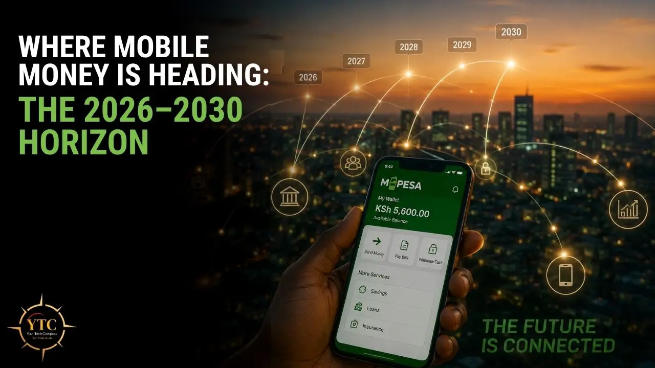 A hand holds a smartphone displaying the M-Pesa mobile money app against a backdrop of a city skyline with a network of lights and years indicating future mobile money trends.