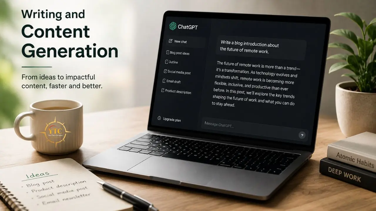 Laptop displaying ChatGPT interface for content generation, with a notebook of ideas, coffee mug, and books on a desk.