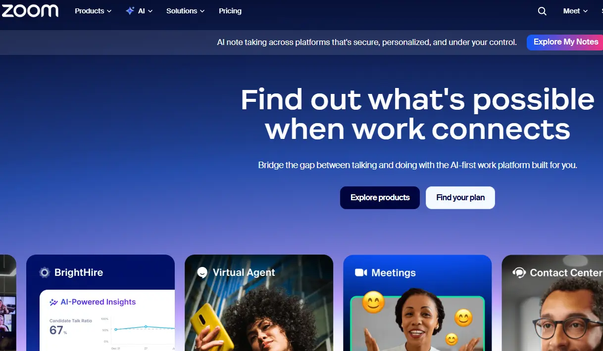 Zoom website homepage featuring "Find out what's possible when work connects" headline and product cards for BrightHire, Virtual Agent, Meetings, and Contact Center.
