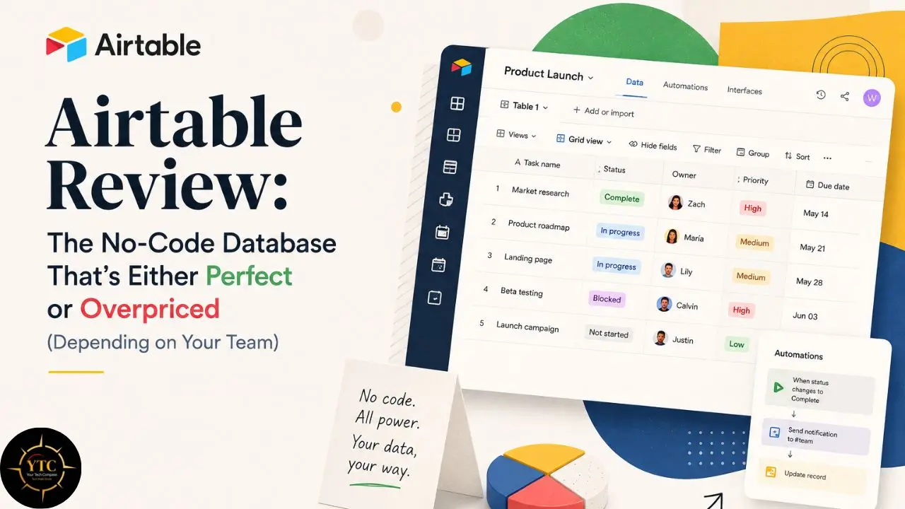 Screenshot for an Airtable review showing a product launch checklist in a grid view with task names, statuses, owners, priorities, and due dates.