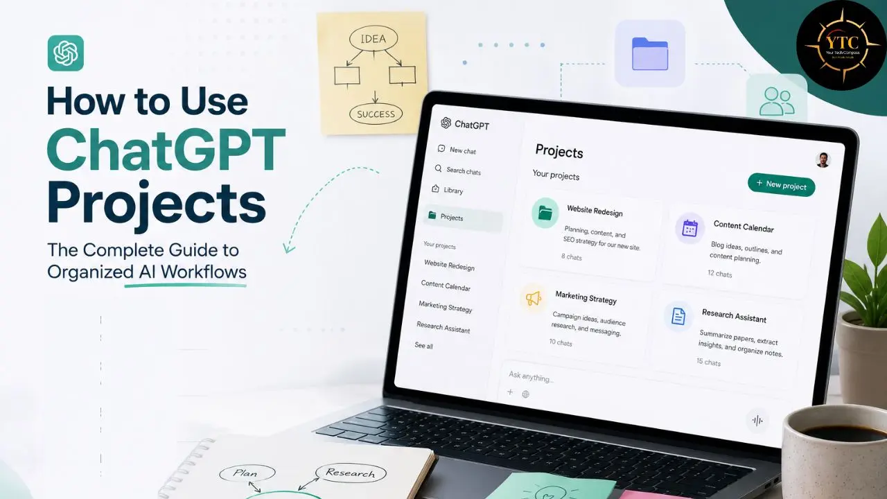 Laptop displaying the ChatGPT Projects interface with examples like Website Redesign and Content Calendar.
