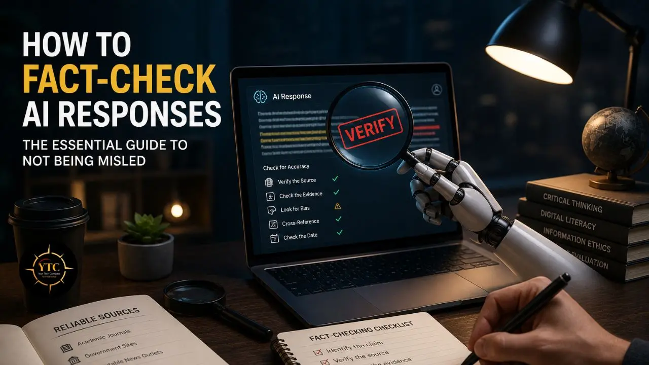 A robotic hand holds a magnifying glass over a laptop screen displaying an "AI Response" and fact-checking checklist, with notebooks and books on critical thinking and information ethics nearby.
