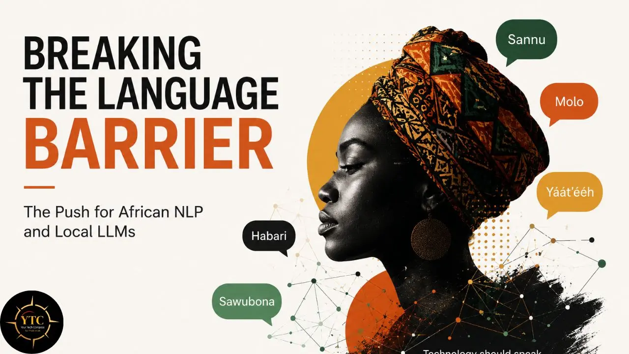 Graphic with text "Breaking the Language Barrier" and a woman's profile, featuring various African greetings in speech bubbles.