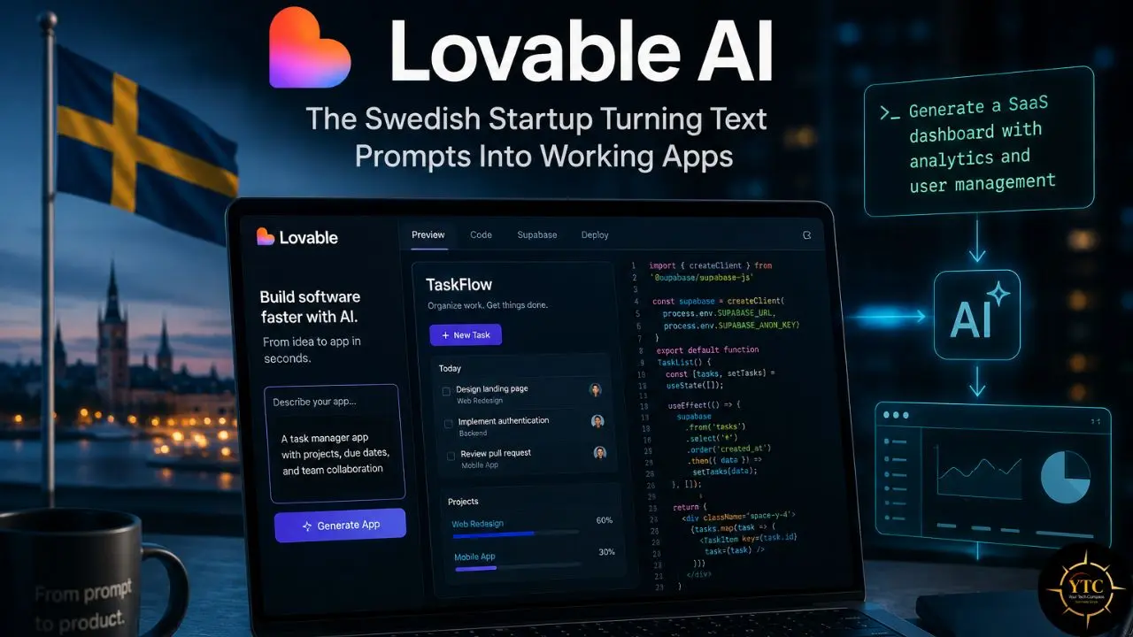Lovable AI, a Swedish startup, uses AI to generate apps from text prompts, as shown on a laptop with a Swedish flag in the background.
