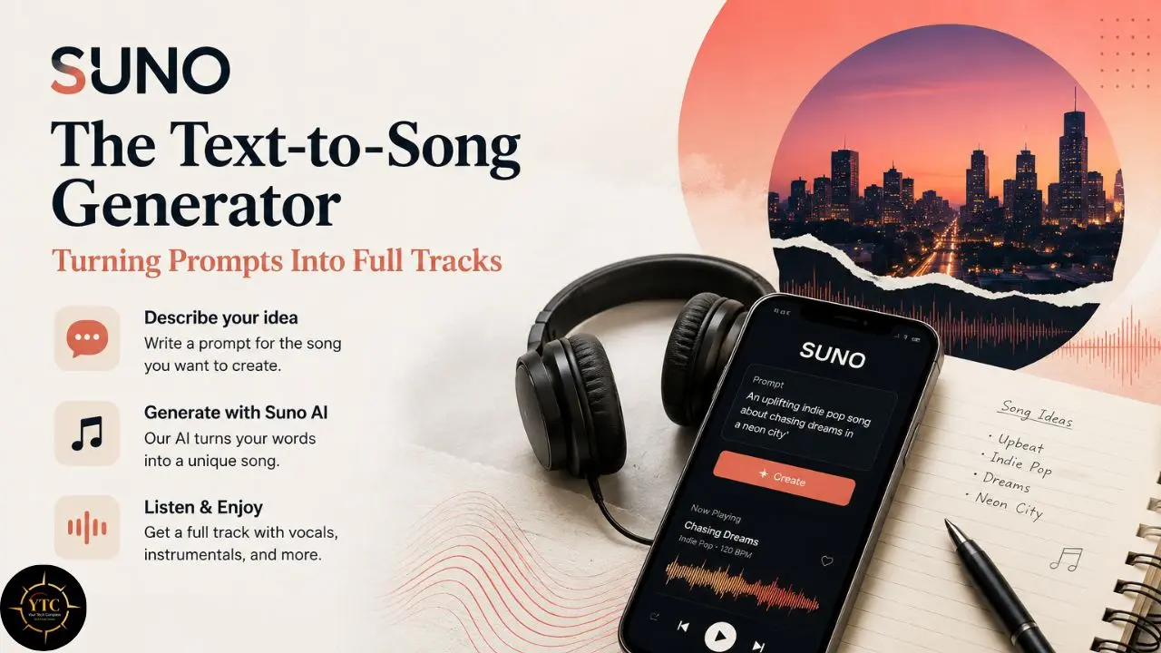 Promotional graphic for Suno, a text-to-song AI generator, featuring text, steps on how to use it, headphones, and a smartphone displaying the app next to a notebook with song ideas.