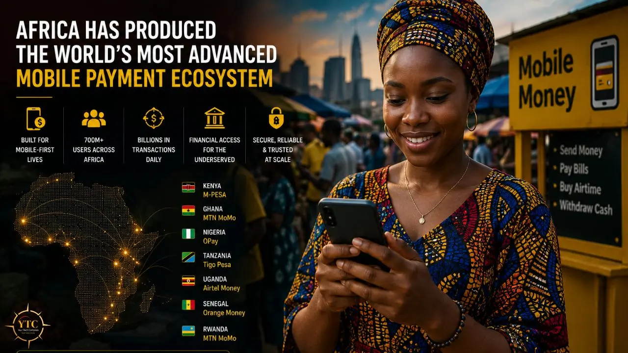 Smiling Black woman in traditional headwrap uses a smartphone near a "Mobile Money" sign with services listed.