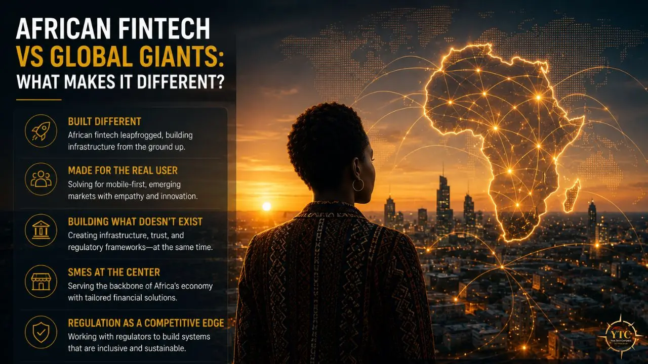 Infographic titled "African Fintech vs Global Giants: What Makes it Different?" features a woman looking out over a city skyline with a glowing, interconnected map of Africa superimposed.