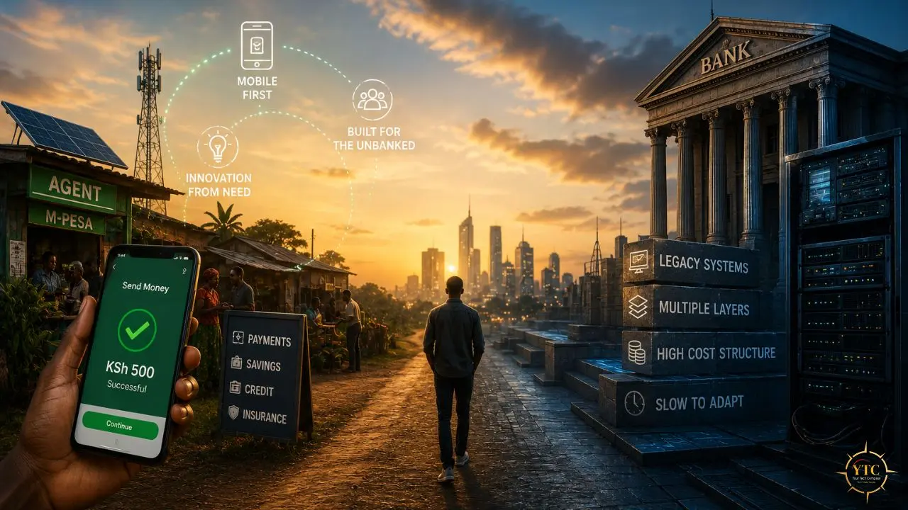 A split image shows a mobile agent for M-Pesa in a rural setting on the left, and a modern bank with legacy systems on the right, representing a transition from traditional to digital finance.