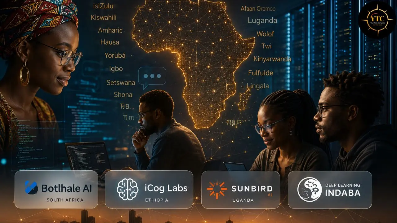 Diverse African professionals collaborate on technology with an illuminated map of Africa and text displaying various African languages and AI company logos.