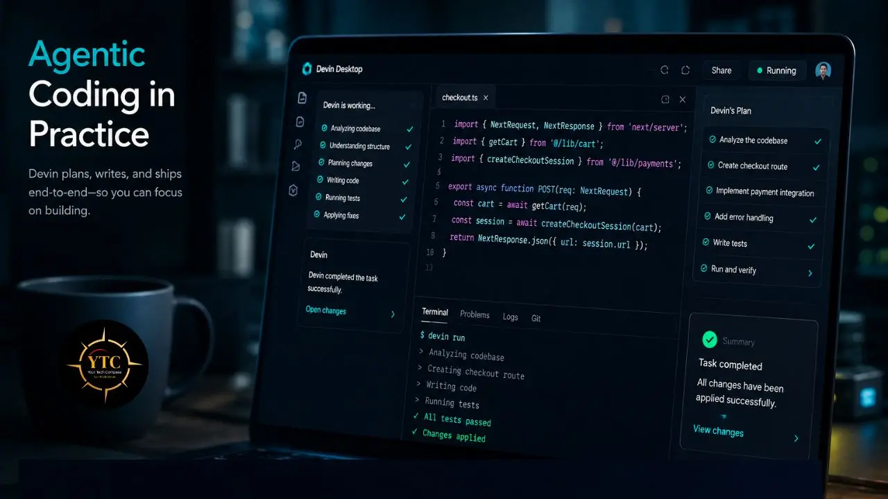 A laptop displays an AI coding interface with text and code, showing "Agentic Coding in Practice" and a completed task summary.