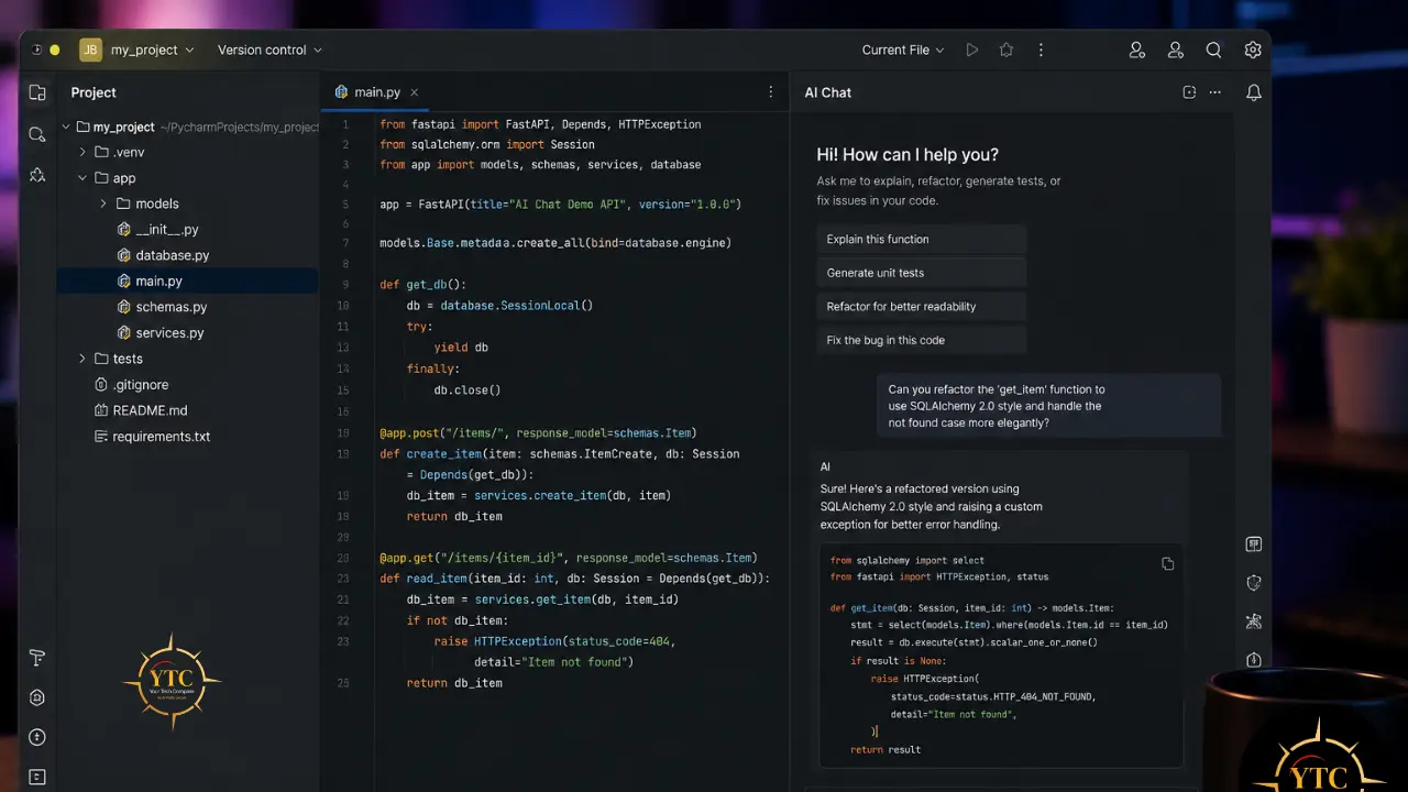 PyCharm IDE displaying Python code in the center, a project file tree on the left, and an AI chat assistant panel on the right with a dark theme.
