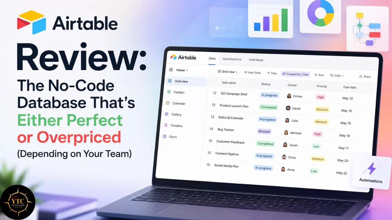 Laptop screen displays Airtable's no-code database interface with a review title about it being perfect or overpriced.