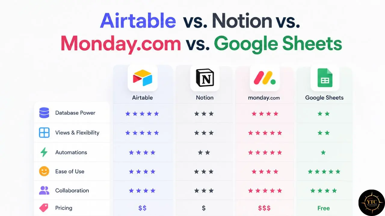 Comparison table of Airtable, Notion, Monday.com, and Google Sheets across features like database power, flexibility, and pricing.