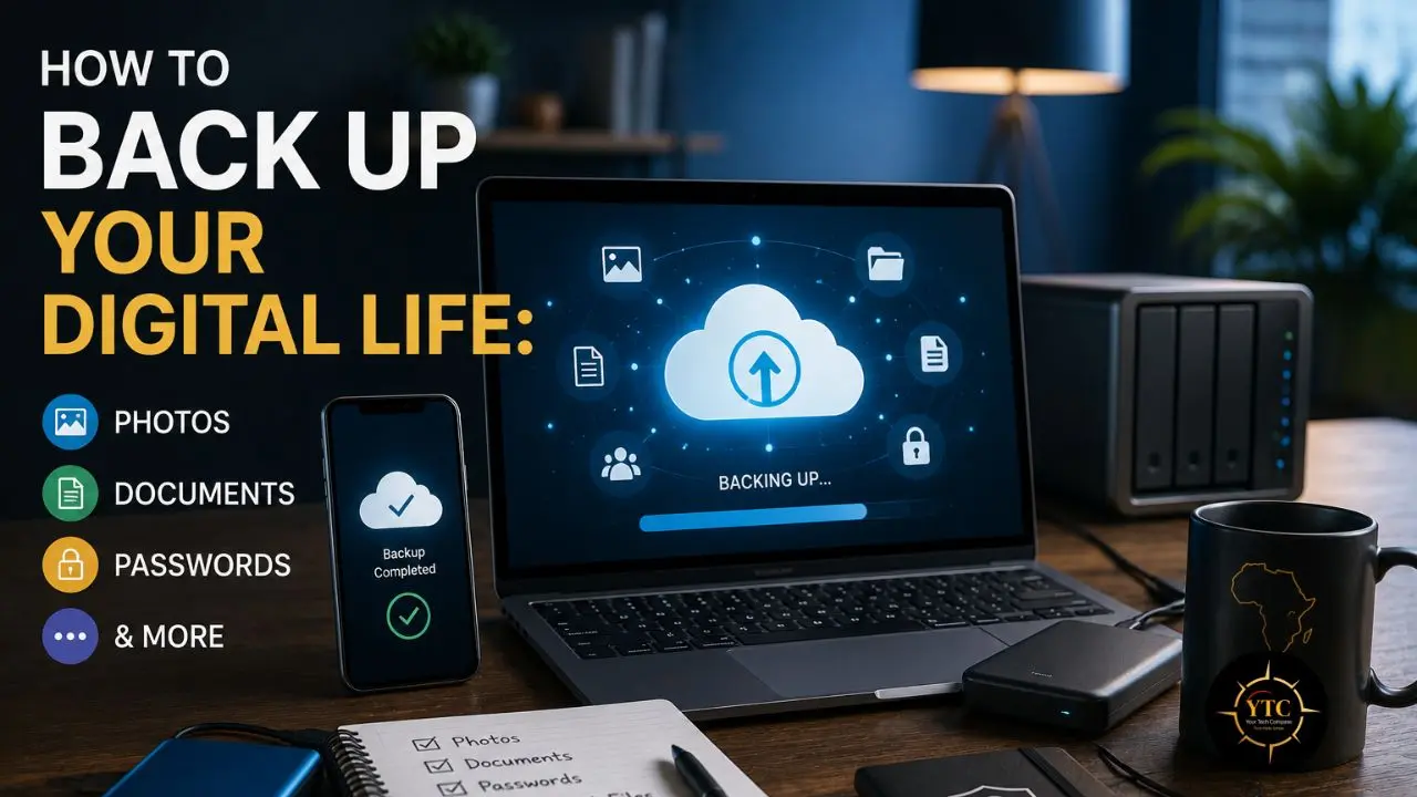 Desktop setup displaying laptop with cloud backup interface, smartphone, external hard drive, and NAS device, with text "HOW TO BACK UP YOUR DIGITAL LIFE".
