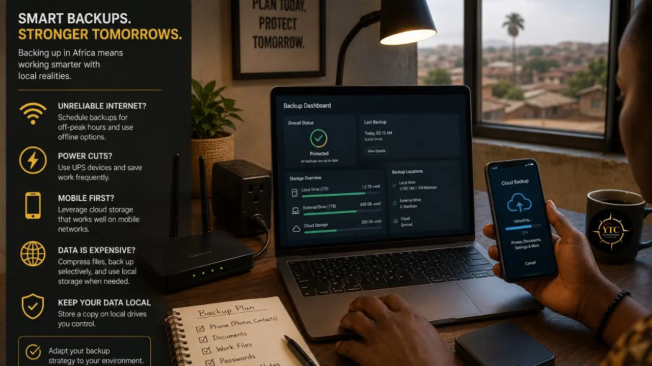 Person reviews laptop backup dashboard and phone cloud backup interface with office equipment and city view.