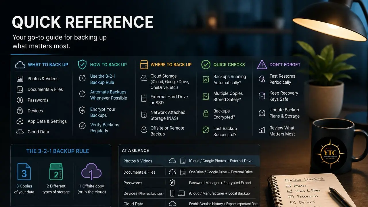 A quick reference guide detailing how to back up data, including categories, methods, locations, checks, and reminders.