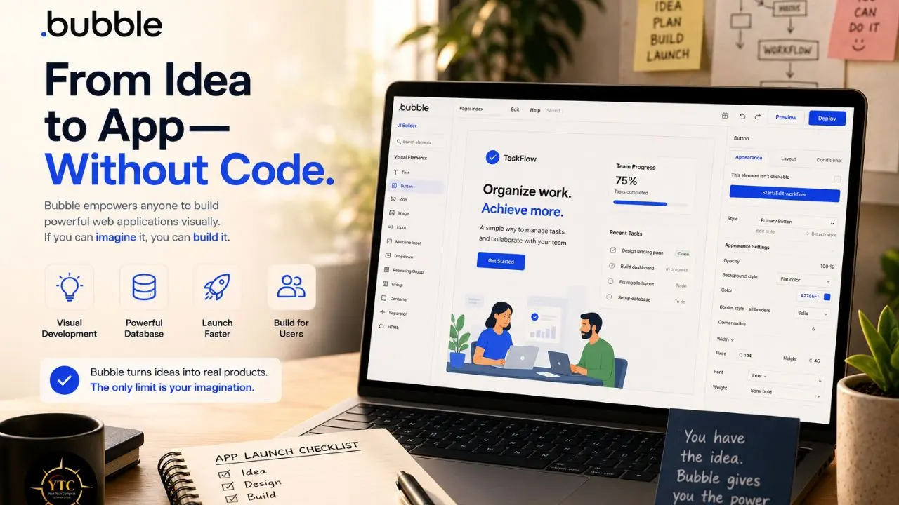 Bubble no-code app builder promotional graphic beside a laptop displaying a task-management app interface, with feature icons and launch checklist on a desk.