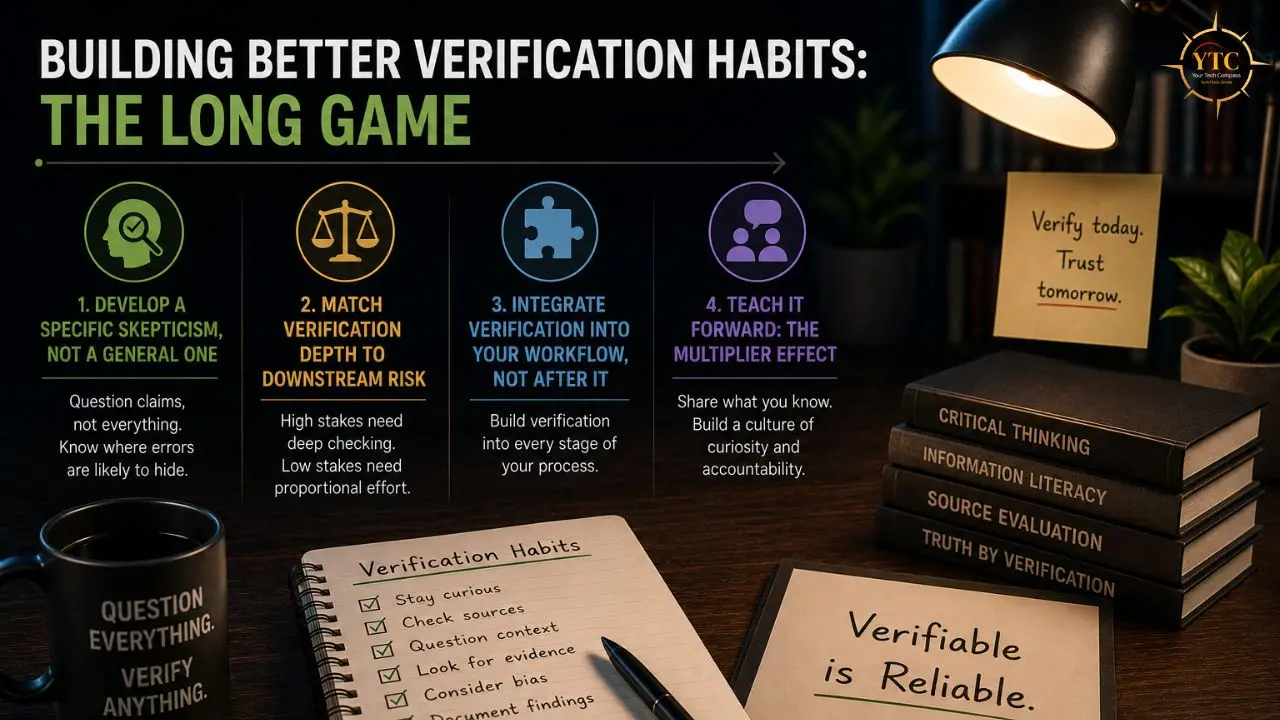Infographic outlining four verification habits: develop specific skepticism, match verification depth to risk, integrate verification into workflows, and teach it forward, with supporting desk elements.