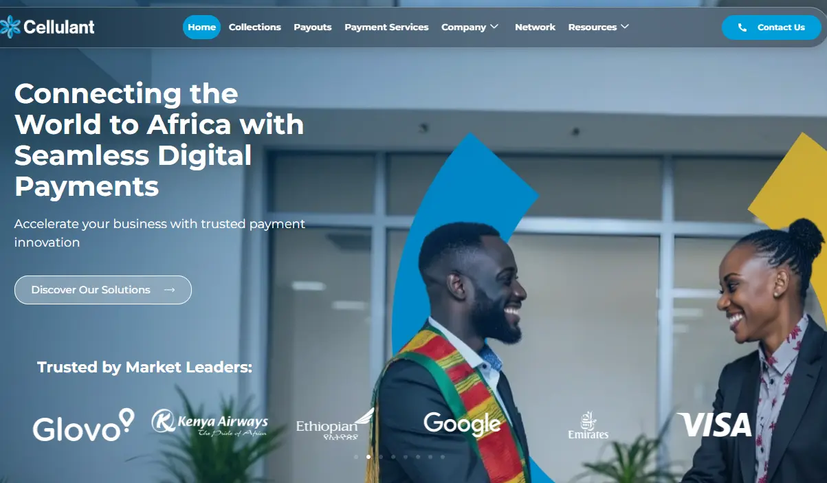 Website homepage for Cellulant featuring the headline "Connecting the World to Africa with Seamless Digital Payments" and logos of trusted market leaders like Google, Emirates, and Visa.