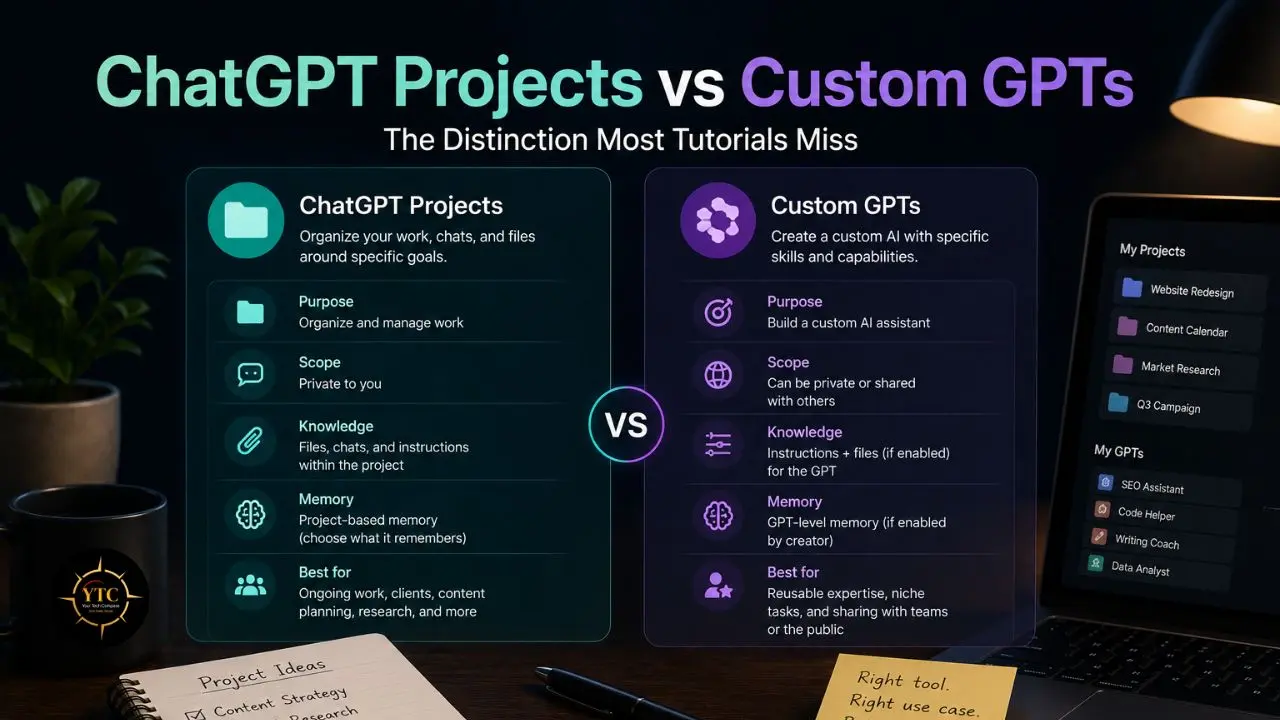 Infographic comparing ChatGPT Projects and Custom GPTs, detailing their purpose, scope, knowledge, memory, and best use cases.