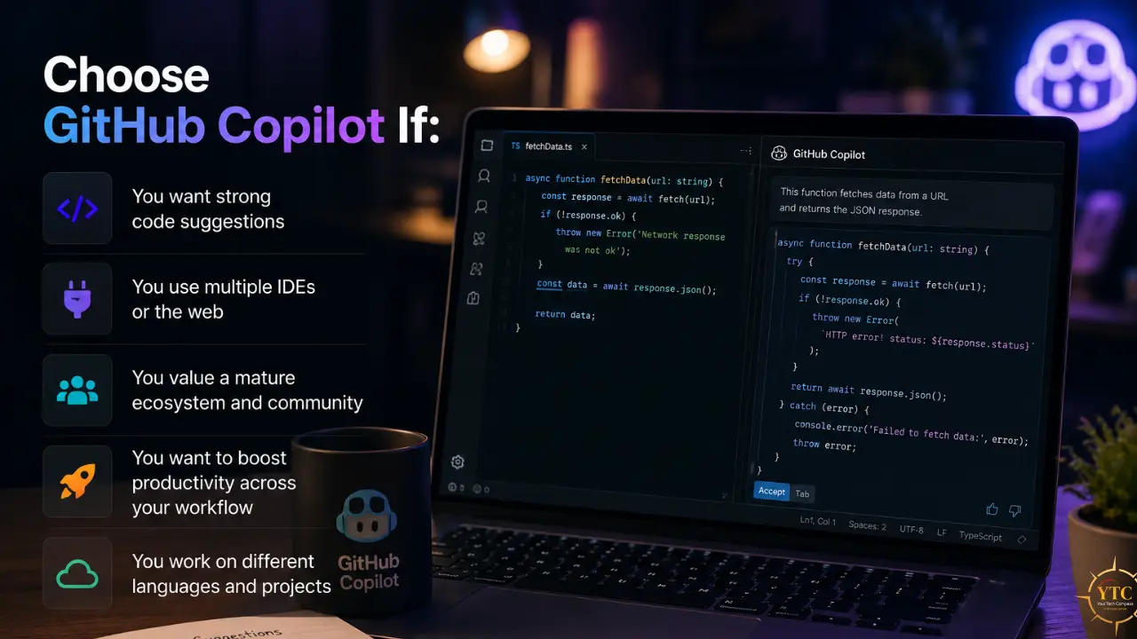 Laptop displaying GitHub Copilot code suggestions with a list of reasons to use it on the left and a branded mug on the desk.