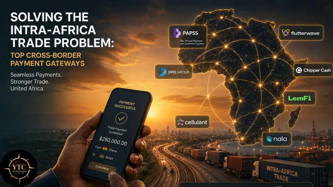 Illustration of intra-Africa trade problem with payment gateways, map of Africa with connecting lines, and a phone displaying successful payment.