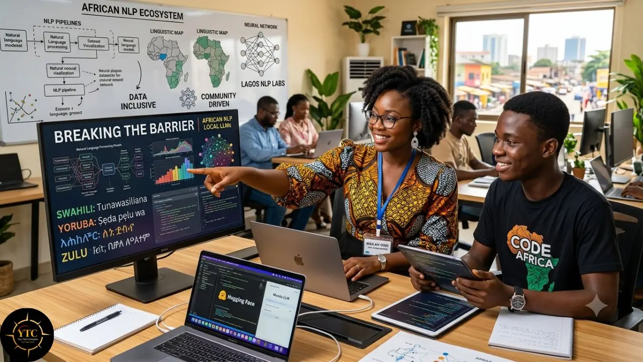 Two young Black professionals, a woman and a man, work together at a table with laptops and a large monitor displaying African NLP data, while others work in the background.