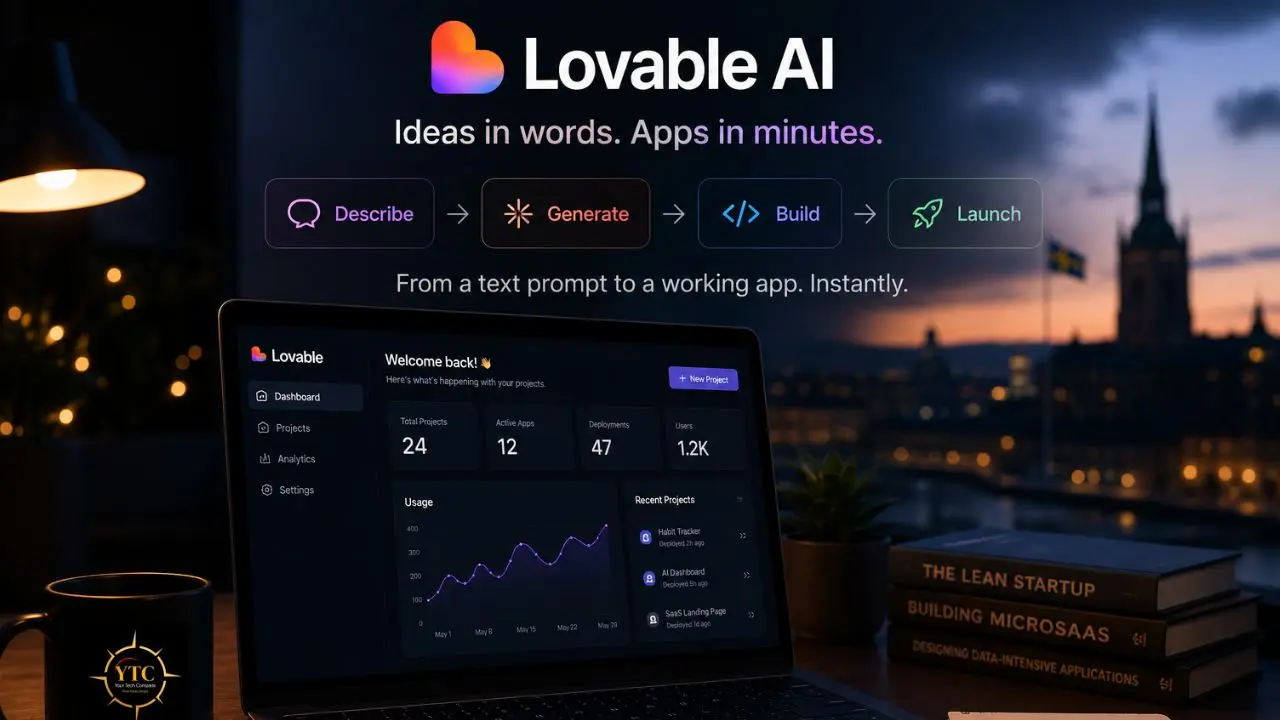 Laptop screen displays a "Lovable AI" dashboard with project statistics and a usage graph, set against a backdrop of city skyline at dusk.