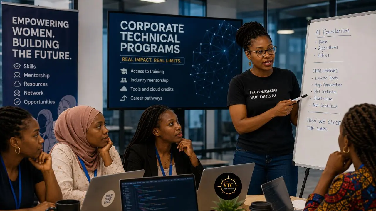 A woman points to a whiteboard listing AI foundations and challenges while presenting to a diverse group of women in a tech program.