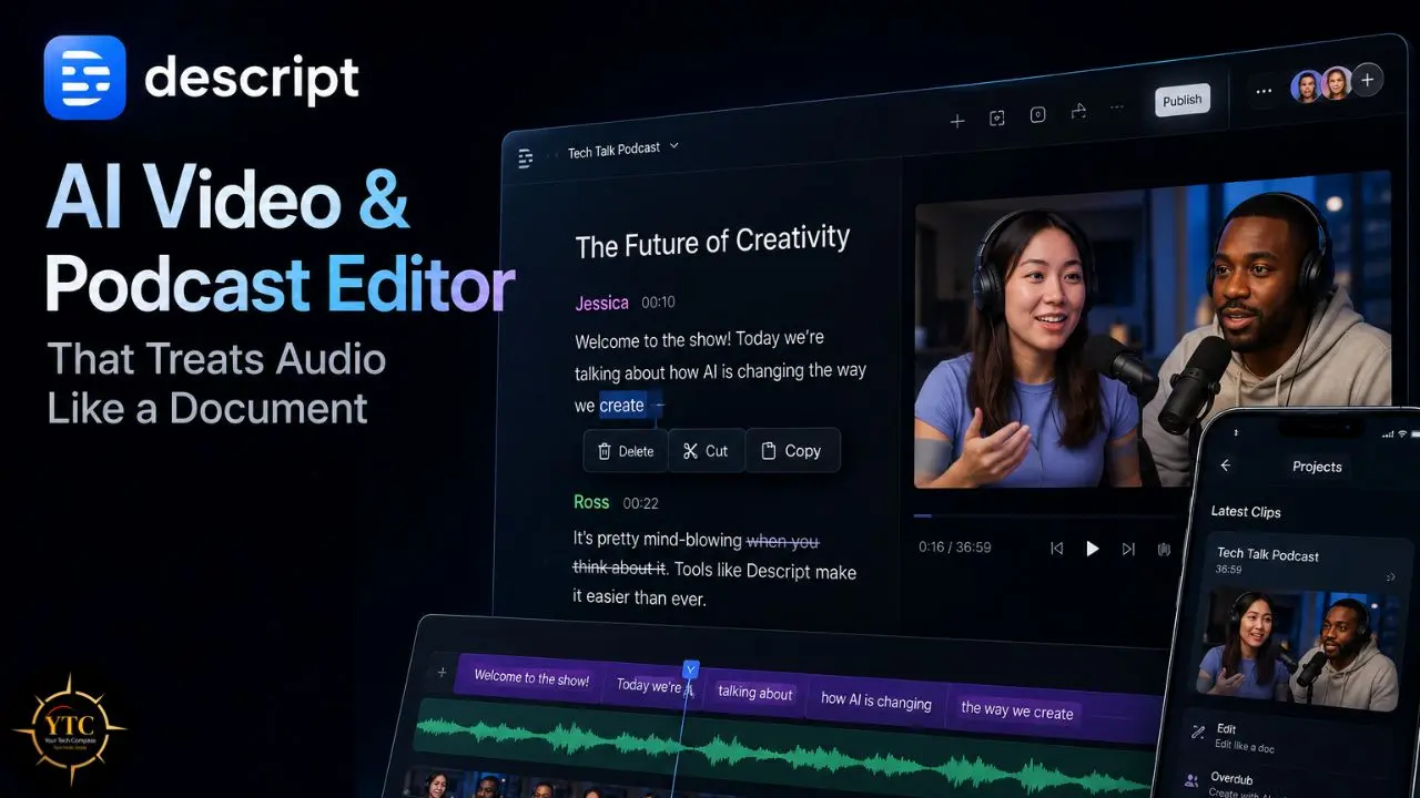 Descript AI video and podcast editor interfaces displayed on a laptop and phone, featuring two podcasters.