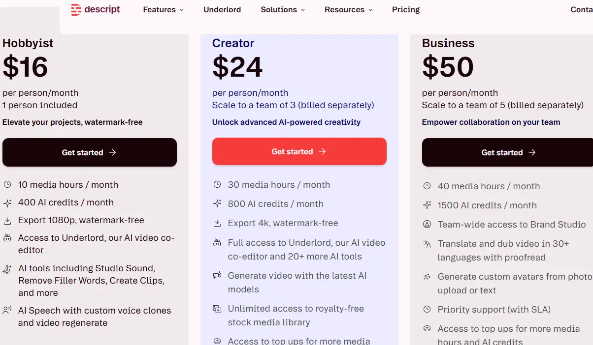Screenshot of Descript pricing plans: Hobbyist ($16/month), Creator ($24/month), and Business ($50/month), detailing features for each.