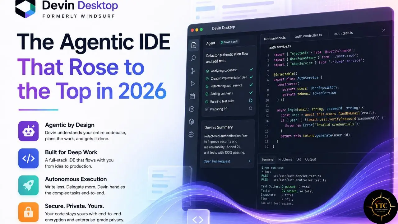 Devin Desktop, an agentic IDE, is presented with its features for code refactoring, autonomous execution, and secure development.