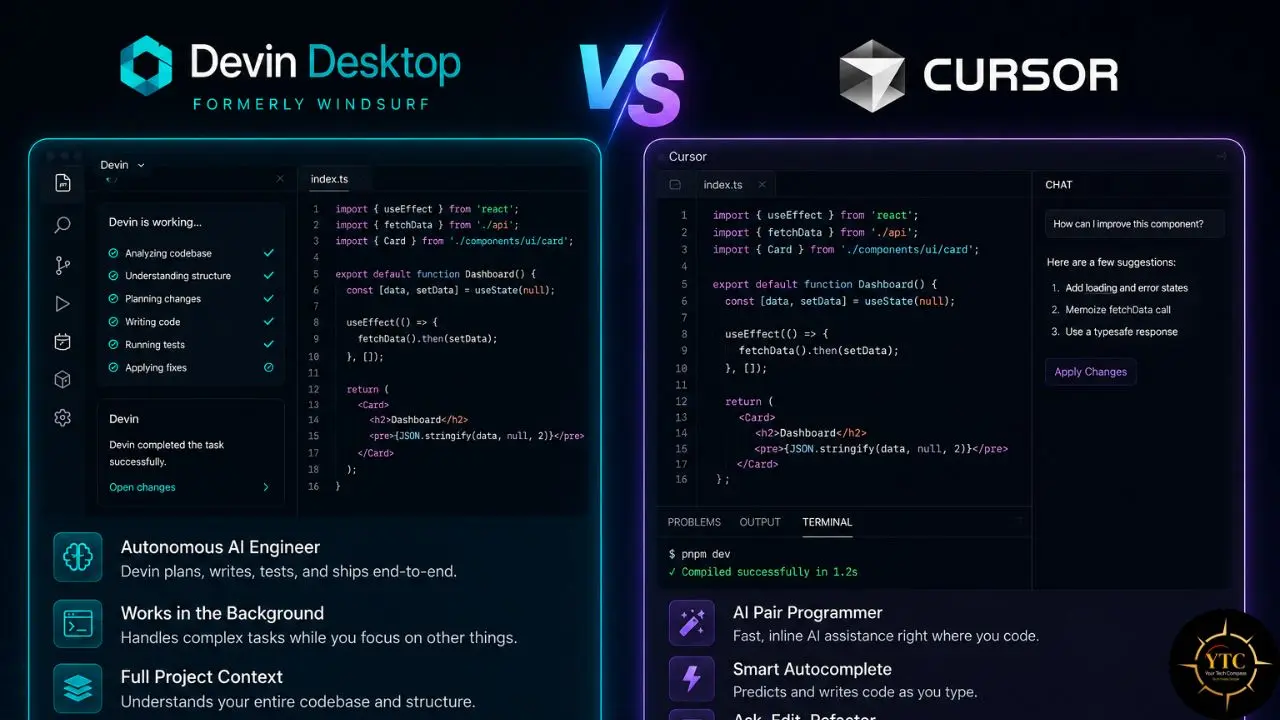 Split screen comparing Devin Desktop (formerly Windsurf) features and code with Cursor's features and code.