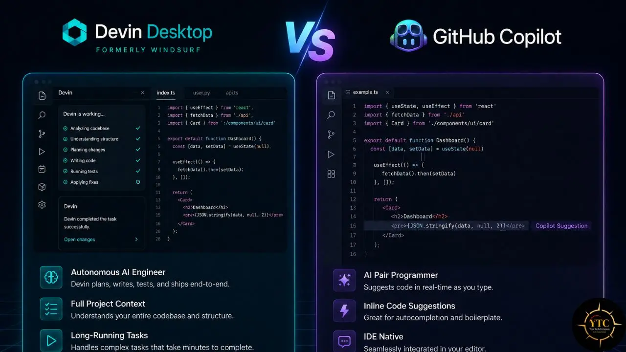 Comparison of Devin Desktop's development interface with GitHub Copilot's code suggestion interface.