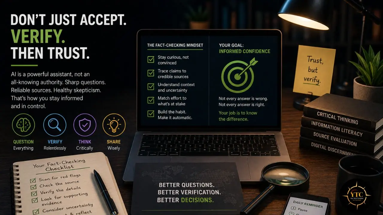 Desk with laptop displaying fact-checking tips, books on critical thinking, and a "Trust, but verify" note.