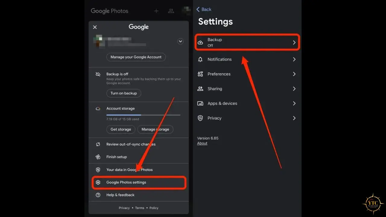 Red arrows highlight the "Backup" setting on the Google Photos settings screen and the "Google Photos settings" option on the main menu.