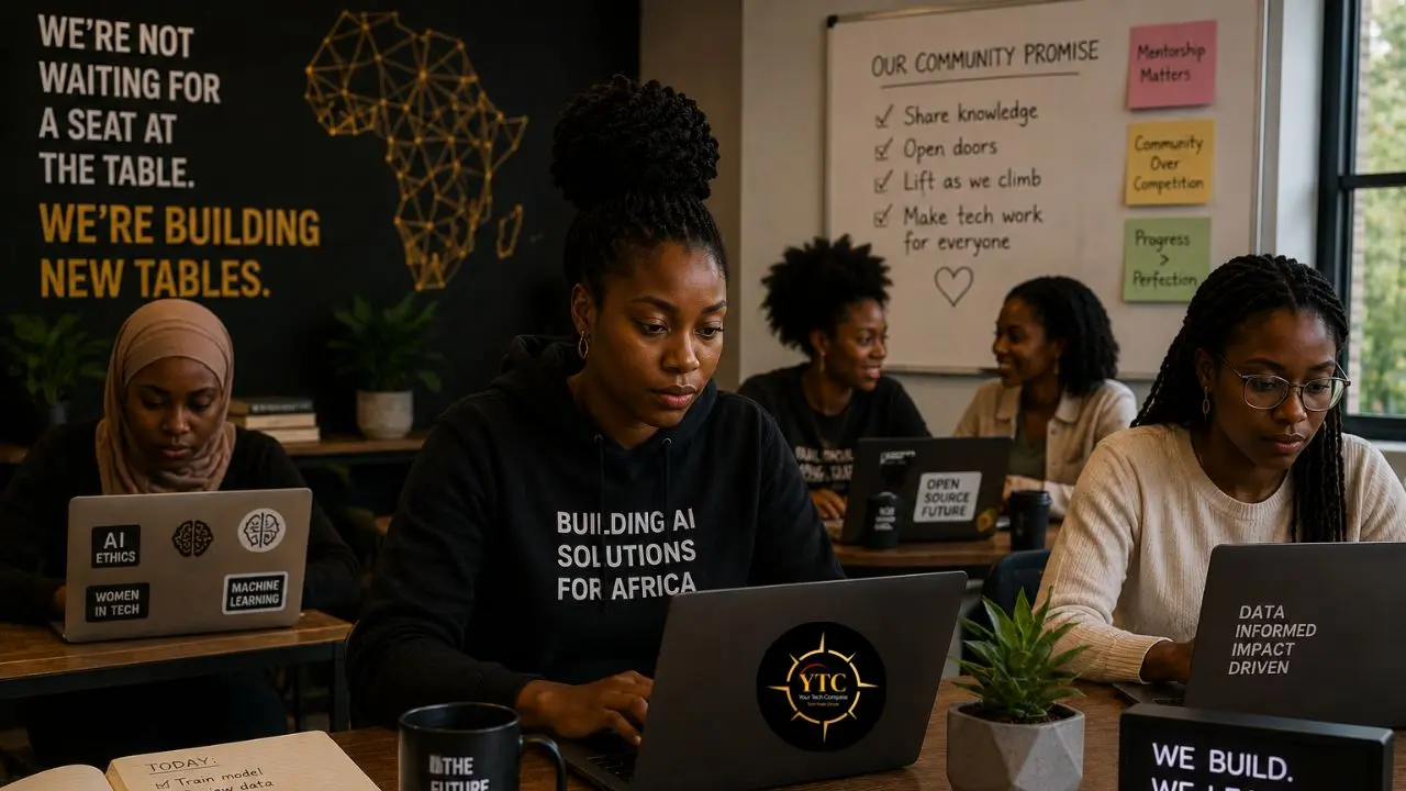 Four Black women work on laptops in an office with inspirational quotes about building AI solutions and community on the walls.