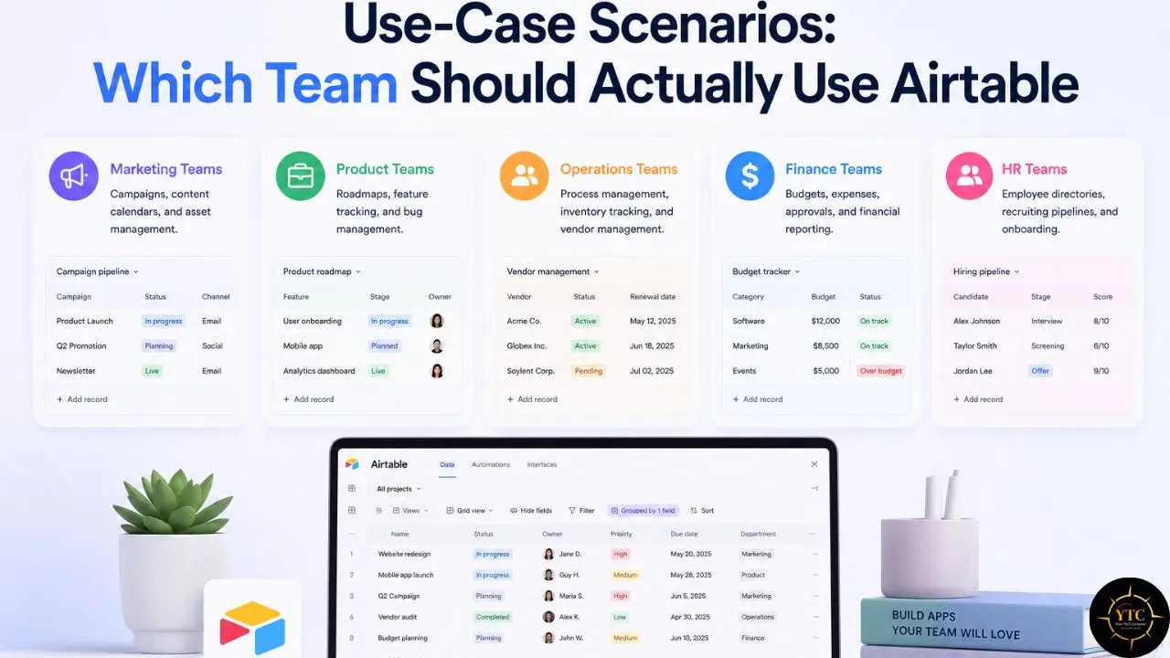 Infographic detailing Airtable use-case scenarios for marketing, product, operations, finance, and HR teams.