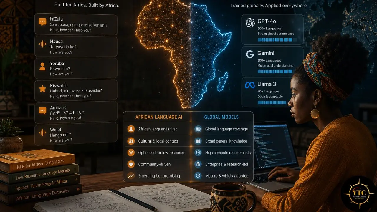 A woman works on a laptop displaying code, with an infographic on African languages and global AI models in the background.