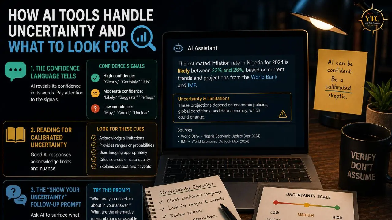Infographic detailing how AI tools handle uncertainty, with a laptop displaying AI predictions and a desk setup with notes and a mug.