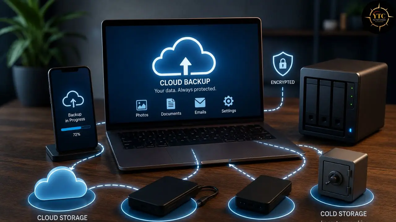Laptop, smartphone, NAS, and external drives display cloud backup and storage concepts.