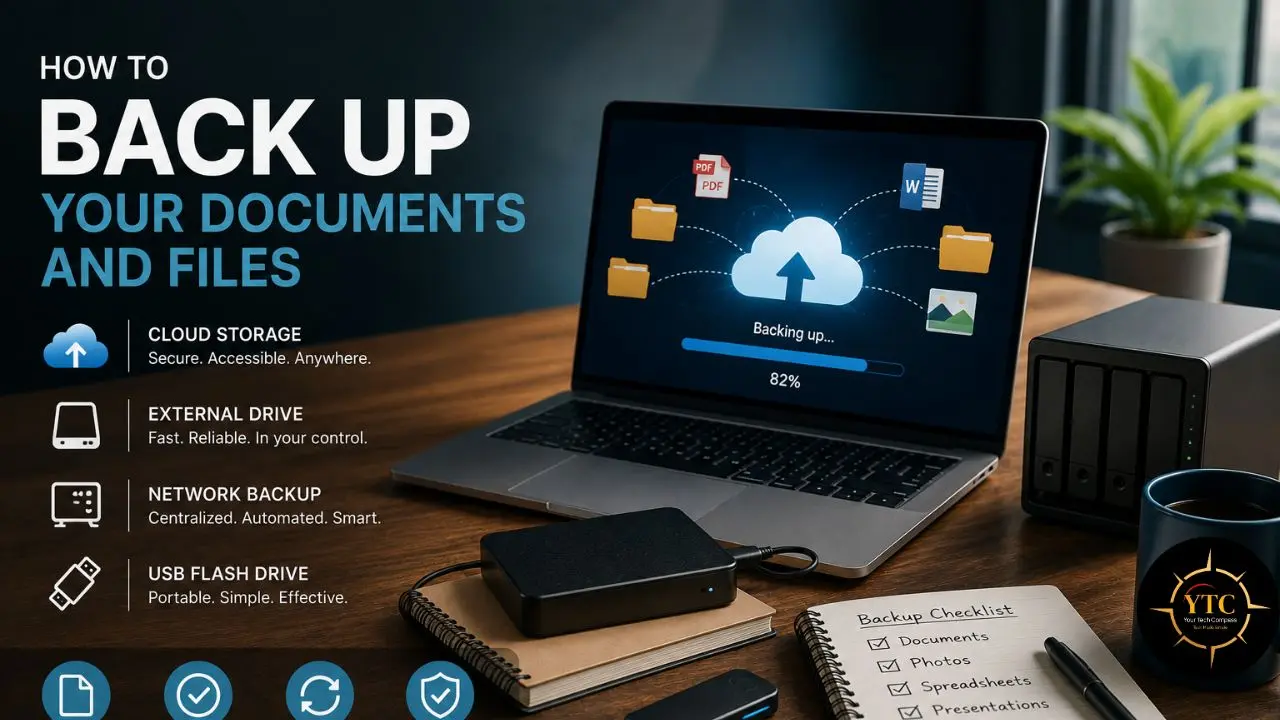 Laptop screen displays a cloud backup in progress with external drives and a backup checklist on a desk.