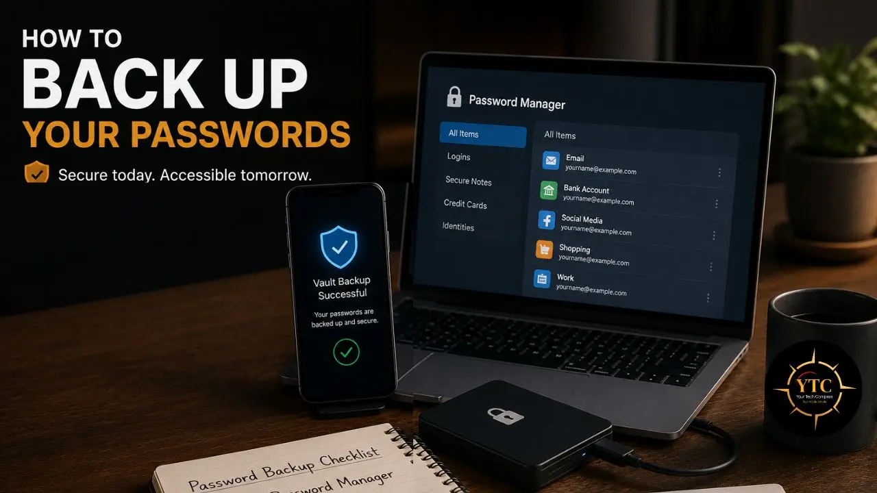 Laptop and smartphone displaying password manager and backup success on a wooden desk with backup hardware.