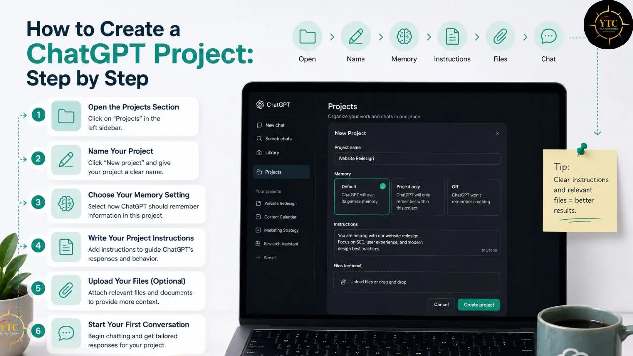Infographic detailing the six steps to create a ChatGPT project on a laptop screen, including project naming, memory settings, and file uploads.