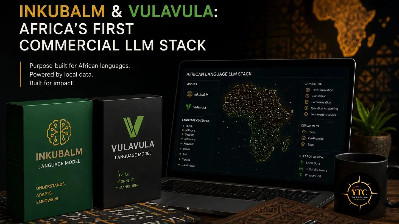 Two product boxes for Inkubalm and Vulavula language models are displayed next to a laptop showing an African Language LLM Stack interface.