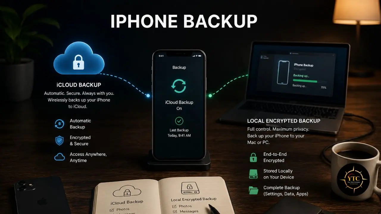 Graphic illustrating iCloud and local encrypted iPhone backup options, featuring a smartphone, laptop, and an open notebook.