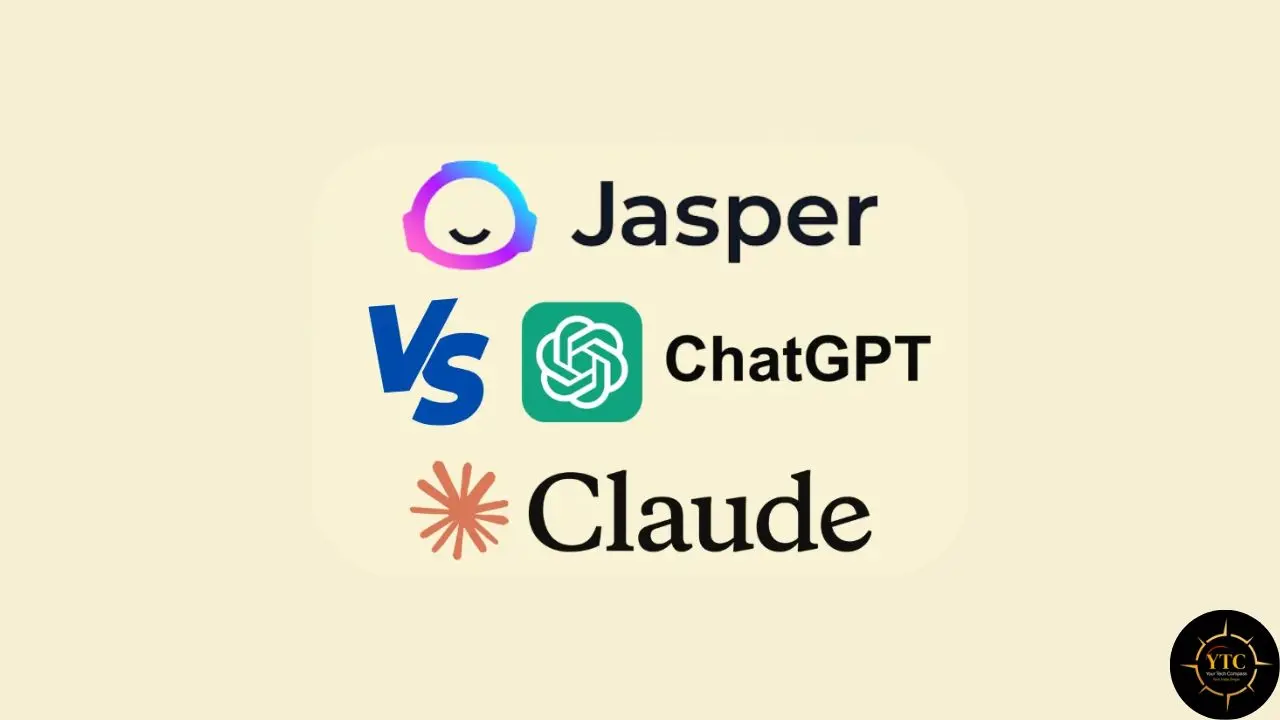 The logos of AI writing assistants Jasper, ChatGPT, and Claude are arranged vertically with the word "vs" in between to compare them.
