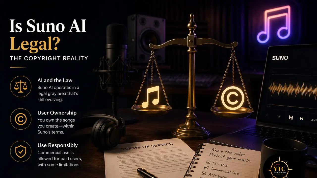 A studio desk featuring the text "Is Suno AI Legal?" alongside a scale of justice, a microphone, headphones, a laptop displaying a music waveform, and papers labeled "Terms of Service."