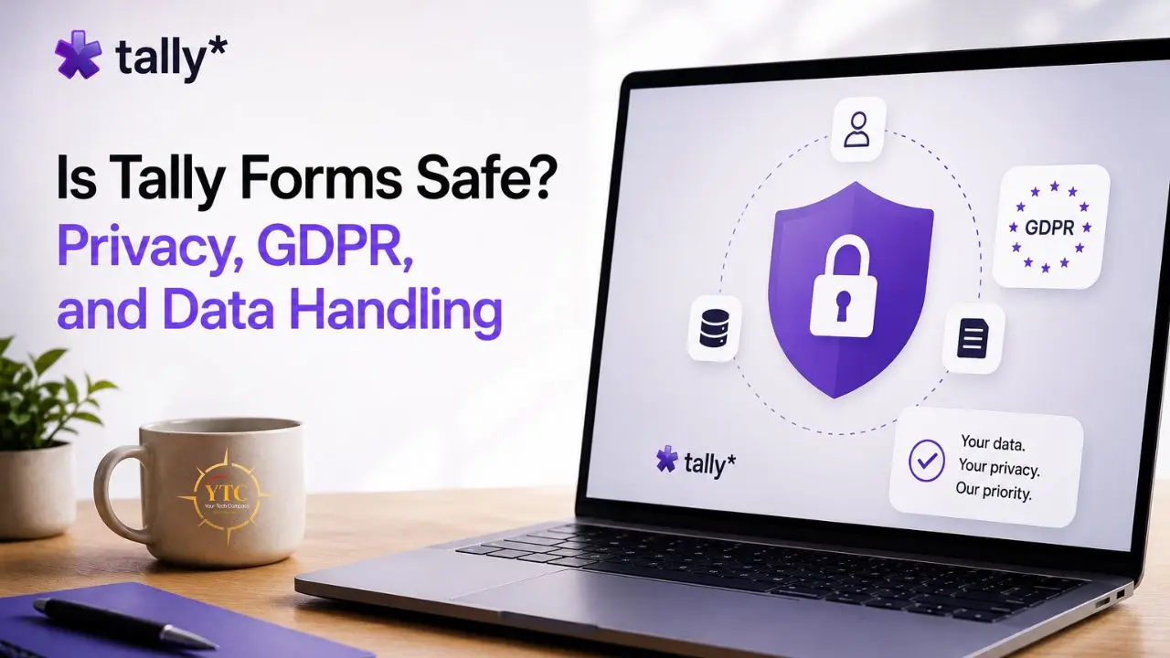 A laptop on a wooden desk displays a graphic with a purple shield, lock icon, and GDPR logo, alongside text asking "Is Tally Forms Safe? Privacy, GDPR, and Data Handling."